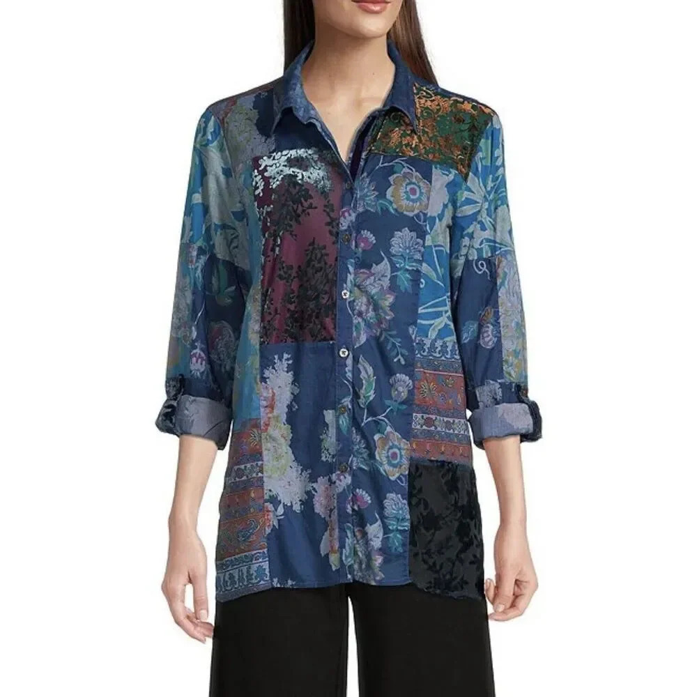 John Mark Patchwork Tunic Button Front Long Roll-Tab Sleeve Blouse Size M Blue
